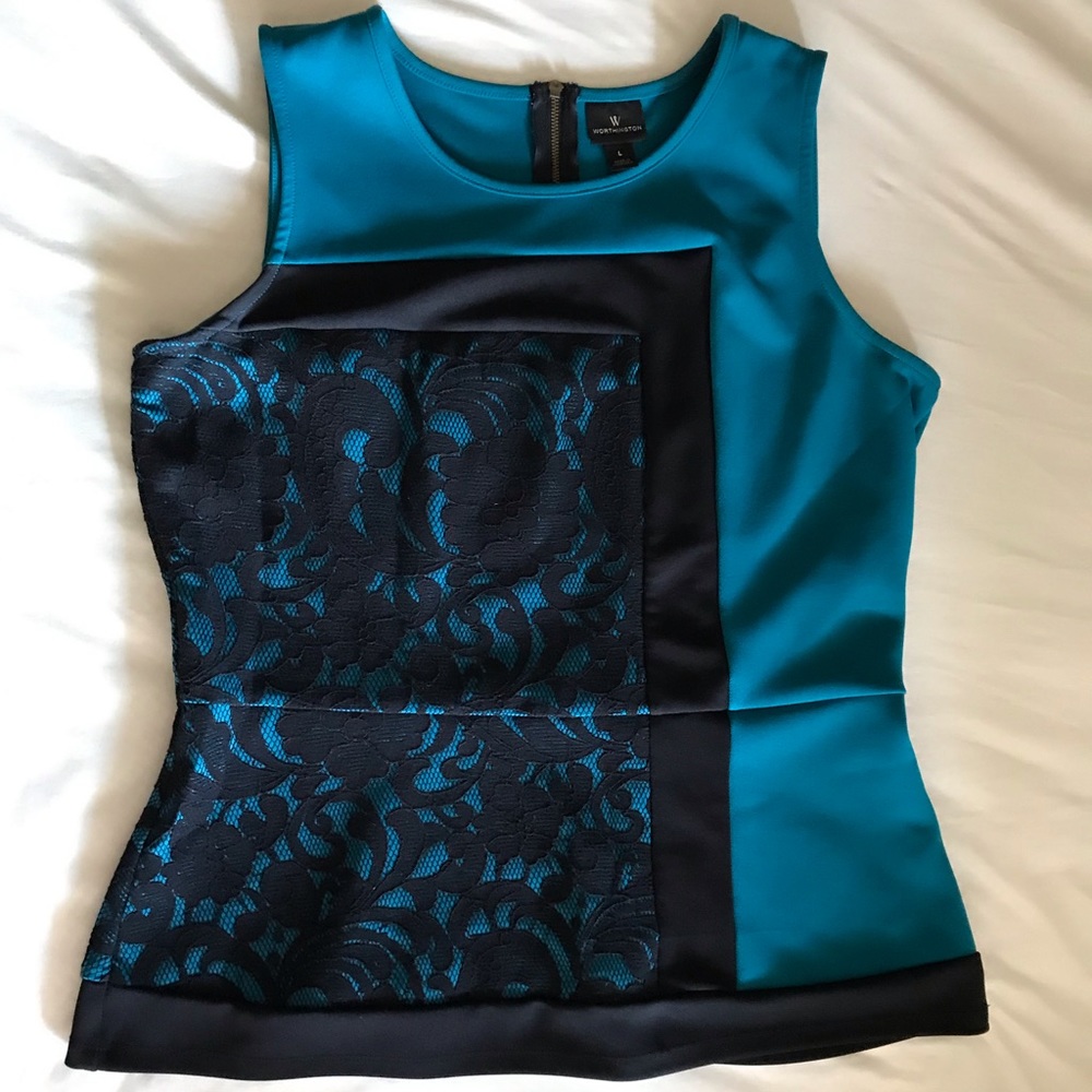 Worthington Teal and Black Lace Top, blouse, shirt